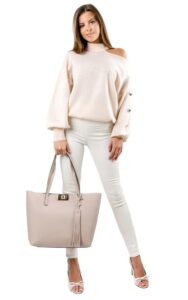 Sweter Z Wycięciem Na Ramieniu Guess Logo Nude