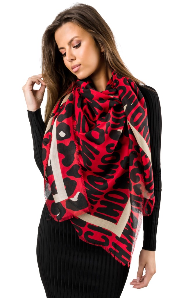 Chusta Duża Moschino Logo Red Black Beige