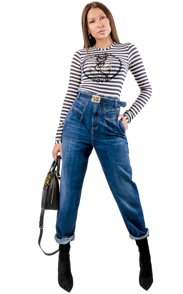 Jeansy Luźne Pinko Logo Blue