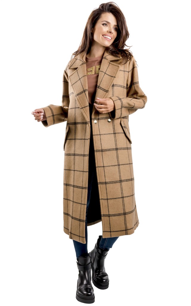Płaszcz Maxi W Kratkę Twin Set Logo Beige