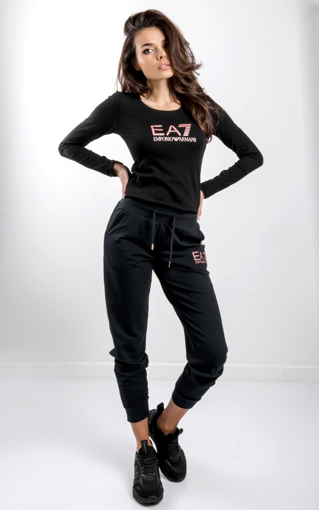 T-shirt EA7 Prosty Z Długim Rękawem Czarno-Różowy