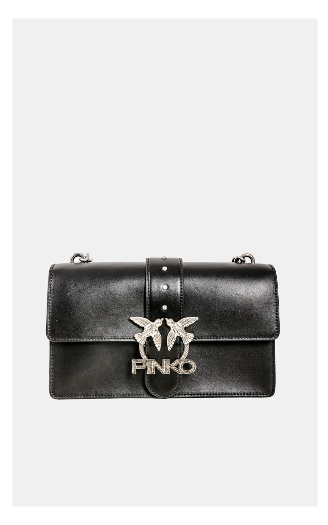 Torebka Pinko Love Classic Icon Skórzana Logo Z Krzyształkami Czarna