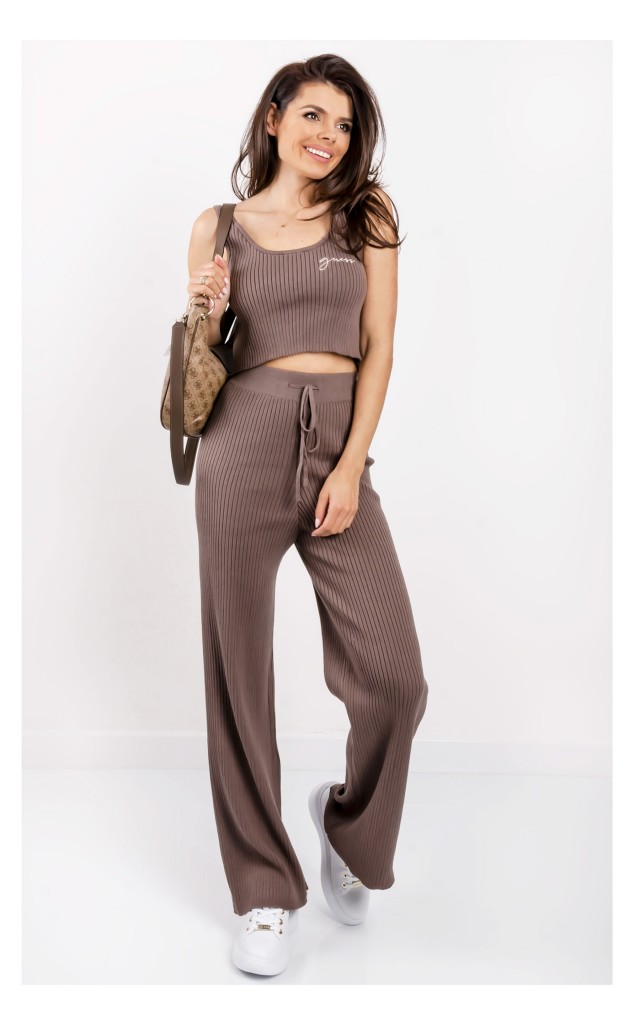 Top Guess Krótki Prążkowany Brązowy