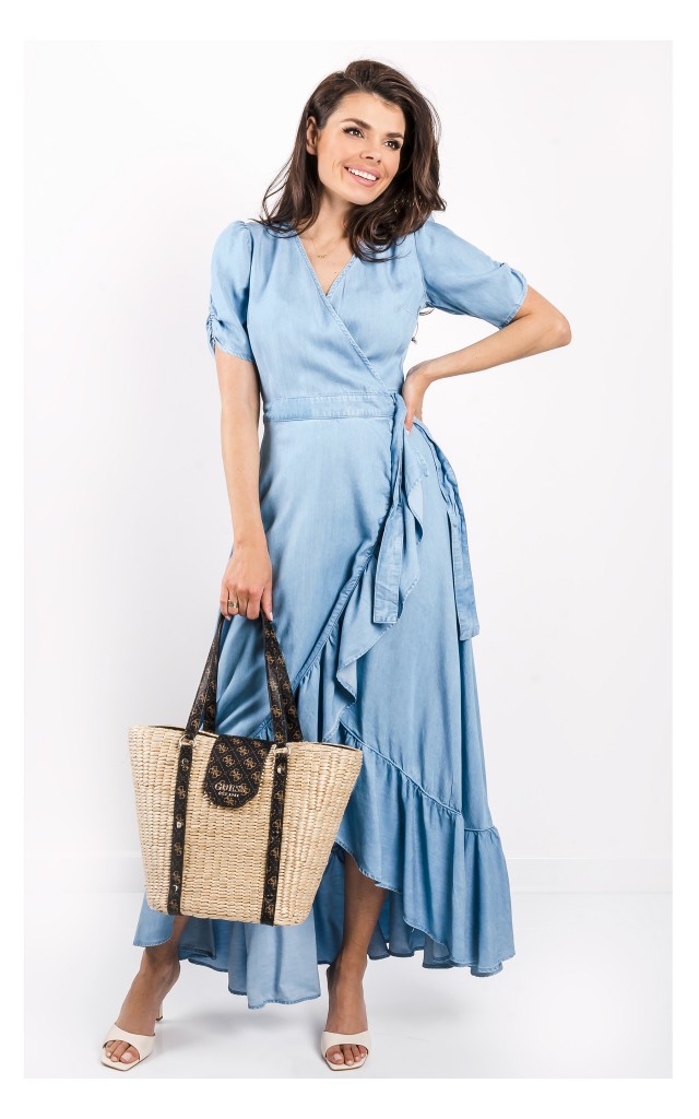 Sukienka Guess Maxi Z Falbaną Niebieska