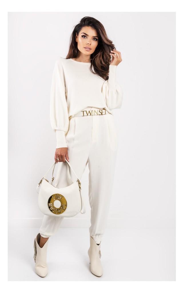 Sweter Twin Set Z Bufiastym Rękawem Kremowy