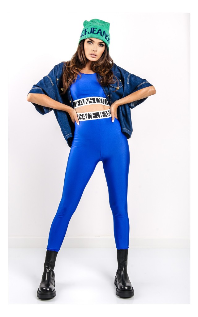 Legginsy Versace Logowany Pas Kobaltowe