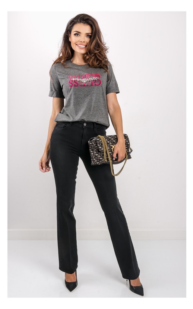 T-shirt Guess Z Kryształkami Szary