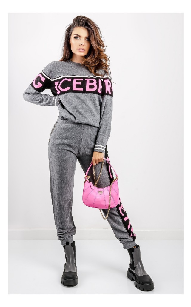 Bluza Iceberg Dzianinowa Z Różowym Logo Szara