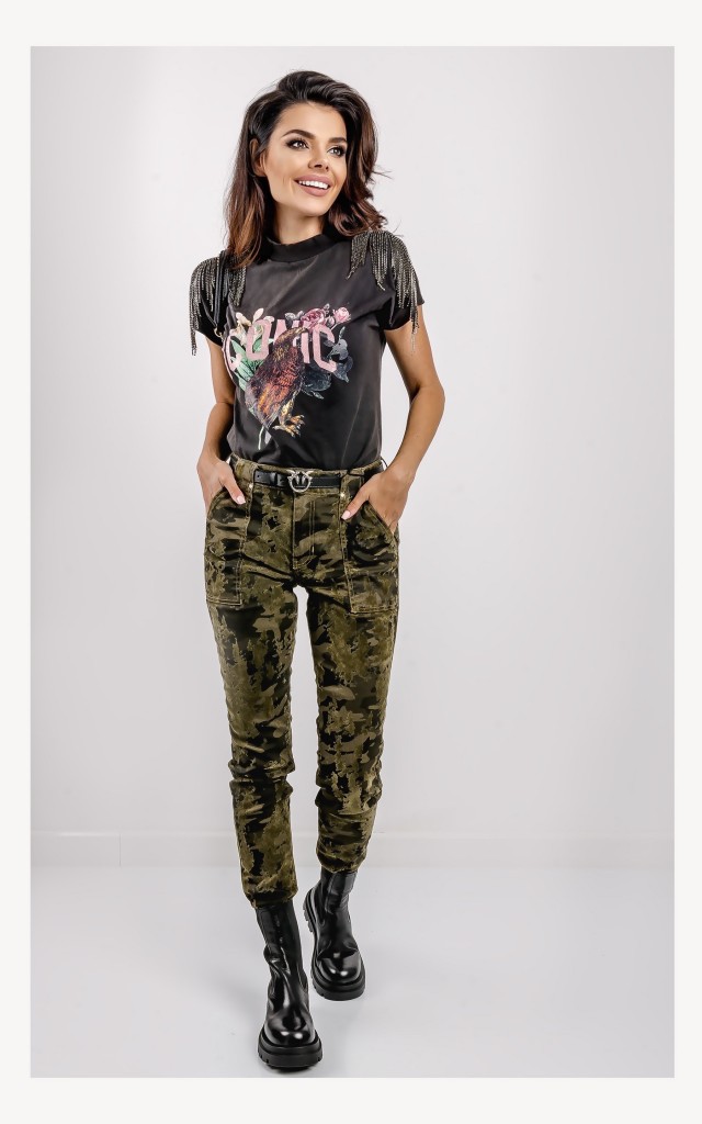 T-shirt Guess Z Aplikacją Biżuteryjne Frędzle Antracyt