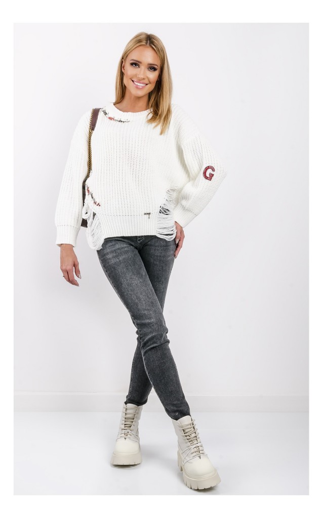Sweter Gaudi Z Kryształkami Logo Kremowy