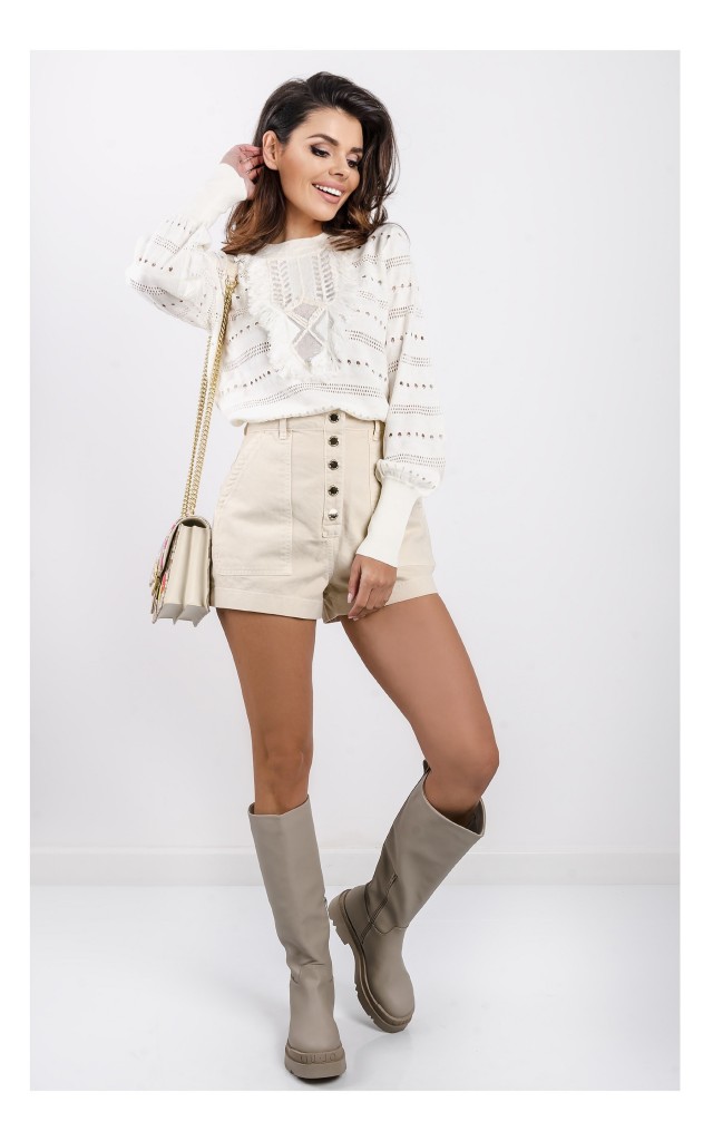 Sweter Twin Set Ażurowy Z Frędzlami Ecru