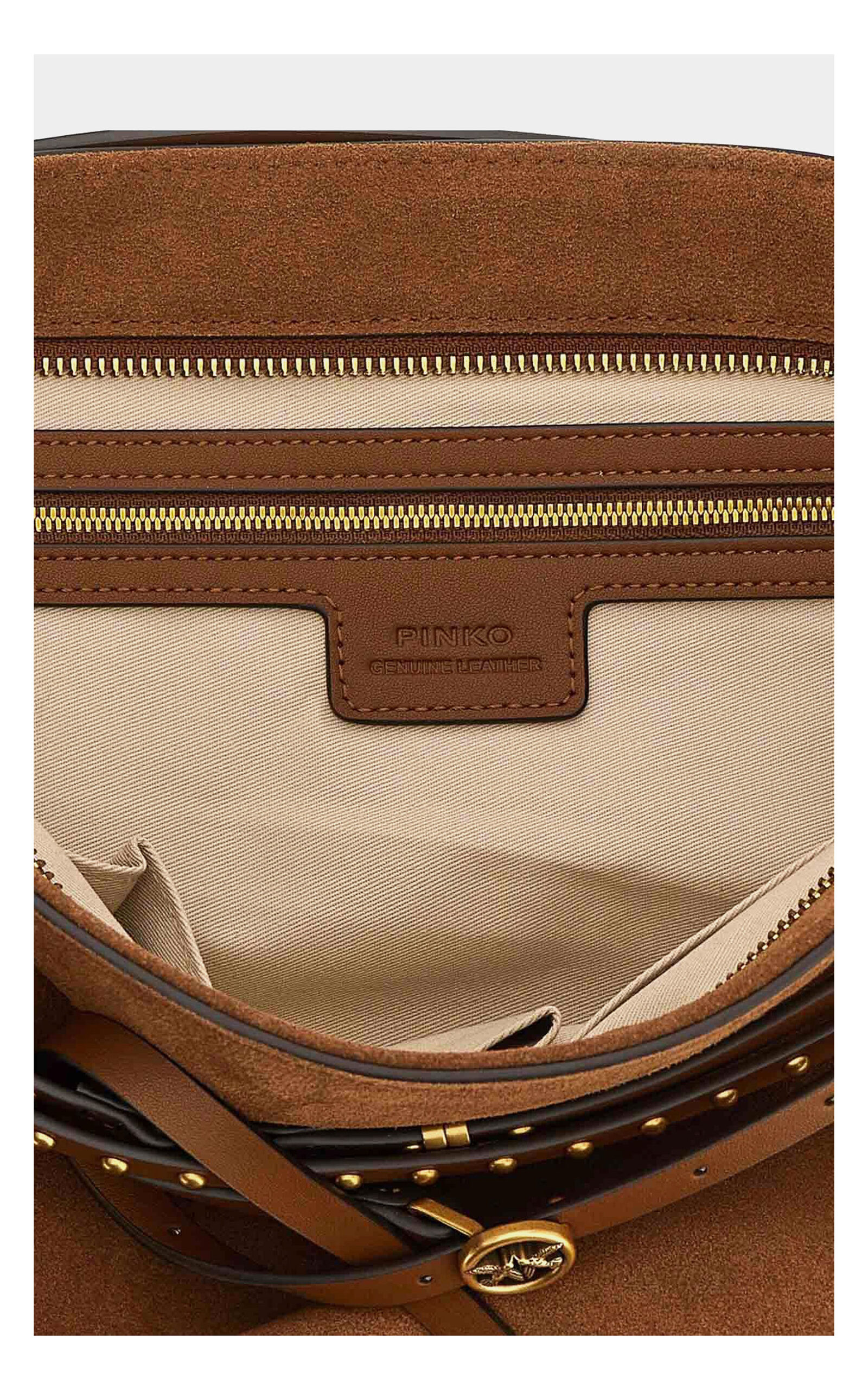 Duża brązowa torebka PINKO Belt Bag – zamszowa kopertówka z paskiem i złotymi okuciami – pojemna torba mieszcząca format A4 z paskami z logo i ćwiekami oraz regulowanym paskiem na ramię