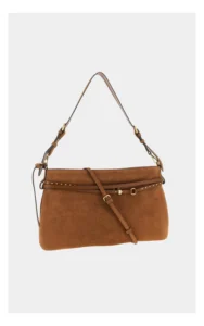 Duża brązowa torebka PINKO Belt Bag – zamszowa kopertówka z paskiem i złotymi okuciami – pojemna torba mieszcząca format A4 z paskami z logo i ćwiekami oraz regulowanym paskiem na ramię
