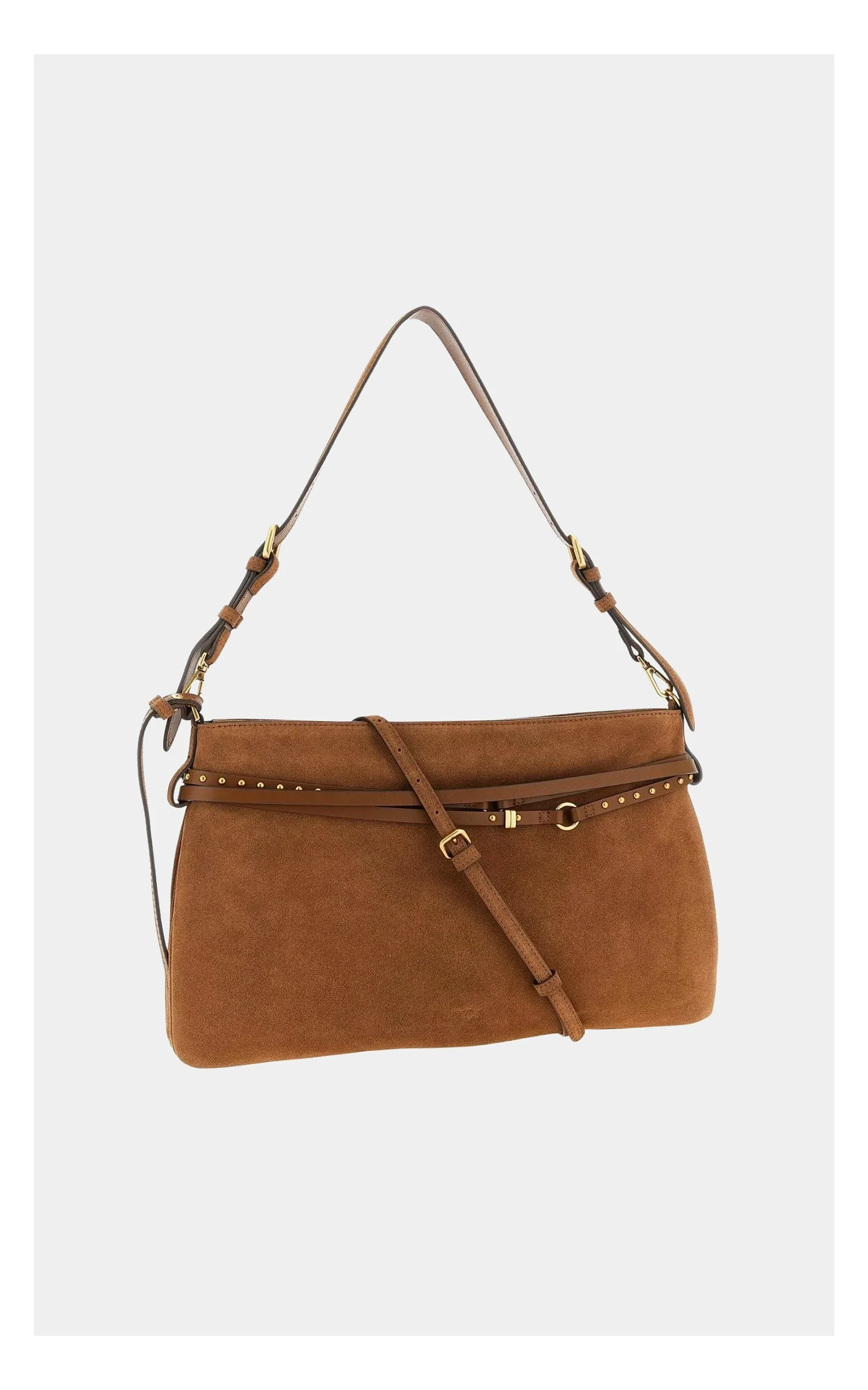 Duża brązowa torebka PINKO Belt Bag – zamszowa kopertówka z paskiem i złotymi okuciami – pojemna torba mieszcząca format A4 z paskami z logo i ćwiekami oraz regulowanym paskiem na ramię