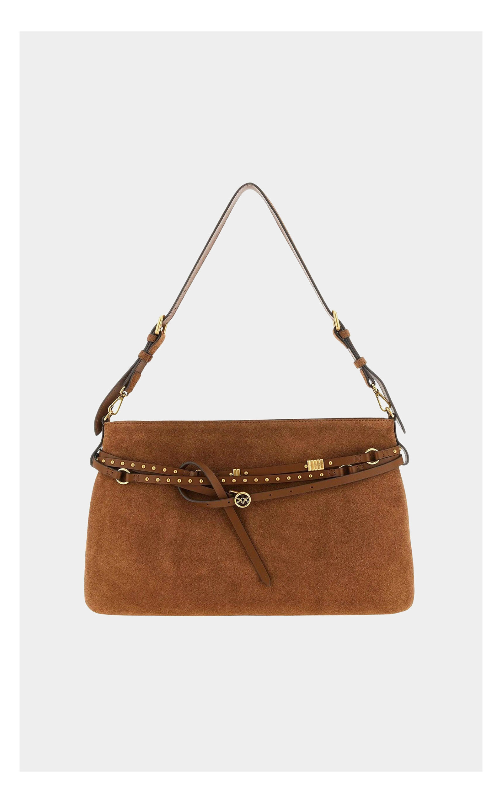 Duża brązowa torebka PINKO Belt Bag – zamszowa kopertówka z paskiem i złotymi okuciami – pojemna torba mieszcząca format A4 z paskami z logo i ćwiekami oraz regulowanym paskiem na ramię
