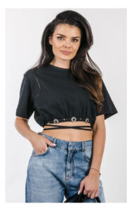 T-shirt PINKO Ariano cropped z wiązaniem czarny