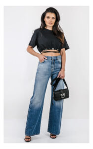 T-shirt PINKO Ariano cropped z wiązaniem czarny