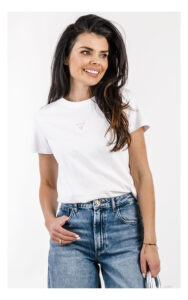 T-shirt GUESS z trójkątnym logo cyrkonie biały