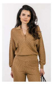 Sweter TWINSET U&B ażurowy z kołnierzykiem brązowy