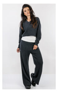 Spodnie TWINSET z prążkowanej dzianiny wide leg antracytowe