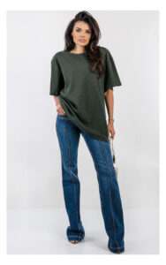 T-shirt VICOLO oversize prążkowany ciemnozielony