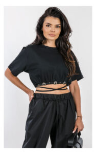 T-shirt PINKO Ariano cropped z wiązaniem czarny