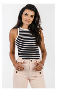 Top GUESS z dzianiny w paski granatowo-kremowy