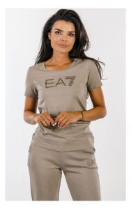T-shirt EA7 logo z dżetami ciemnobeżowy